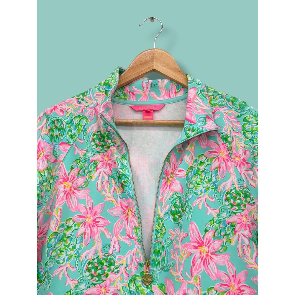 Lilly Pulitzer Skipper Popover Pink Green Turtle Floral Half Zip Pullover Medium - Picture 4 of 5